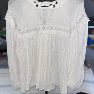 Vine & Love White Lace-Trim Long Sleeve Peasant Top with Lace-Up Neck